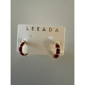 Leeada Mini Maroon Hoop Earrings Gold Red 1/2" New